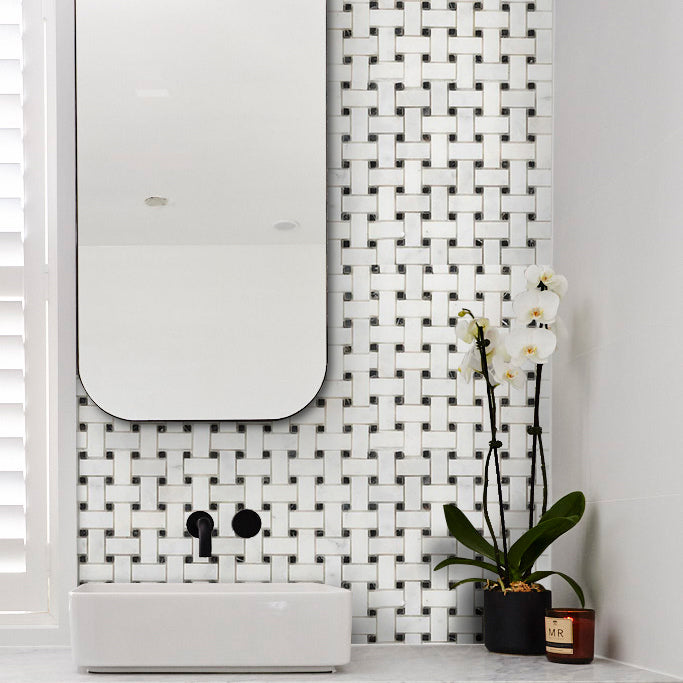 Elegant Carrara White basketweave tile pattern showcasing classic design and timeless elegance