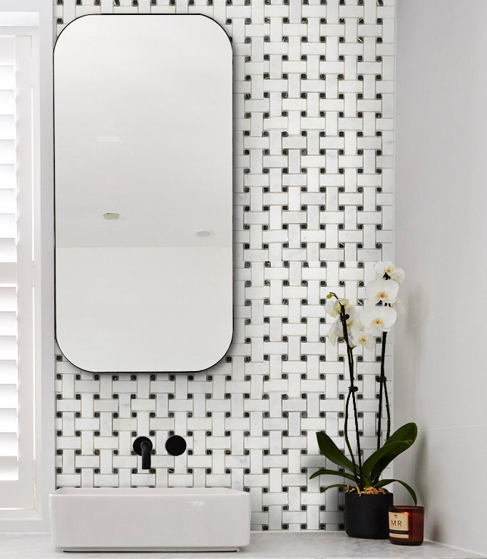 Elegant Carrara White basketweave tile pattern showcasing classic design and timeless elegance