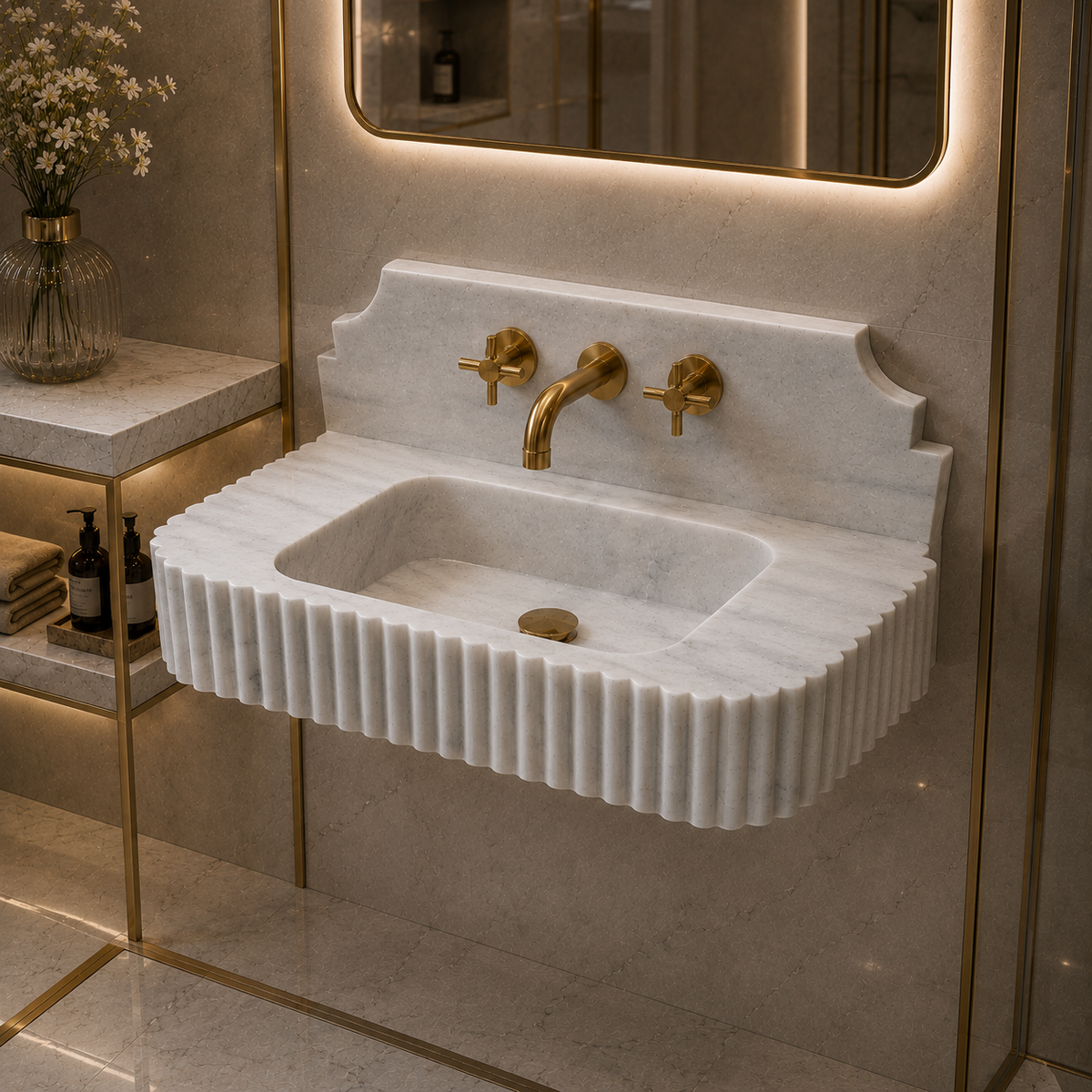 A modern wall-mounted sink made of fluted white marble with a rectangular basin, set into a beige stone bathroom wall with gold fixtures and a lit mirror.
