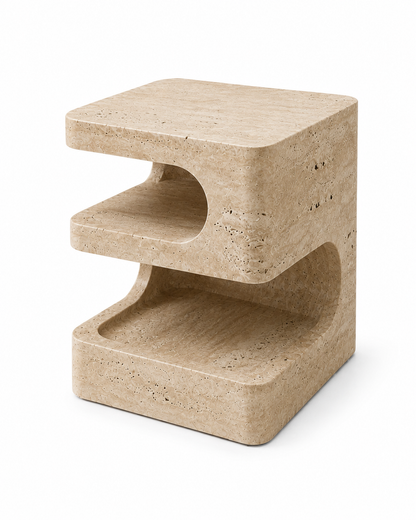 Cascade Travertine Side Table handcrafted from natural beige travertine with a sculptural contemporary design.