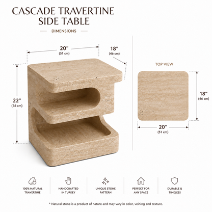 Cascade Travertine Side Table side view showcasing its distinctive sculptural form and natural stone craftsmanship.