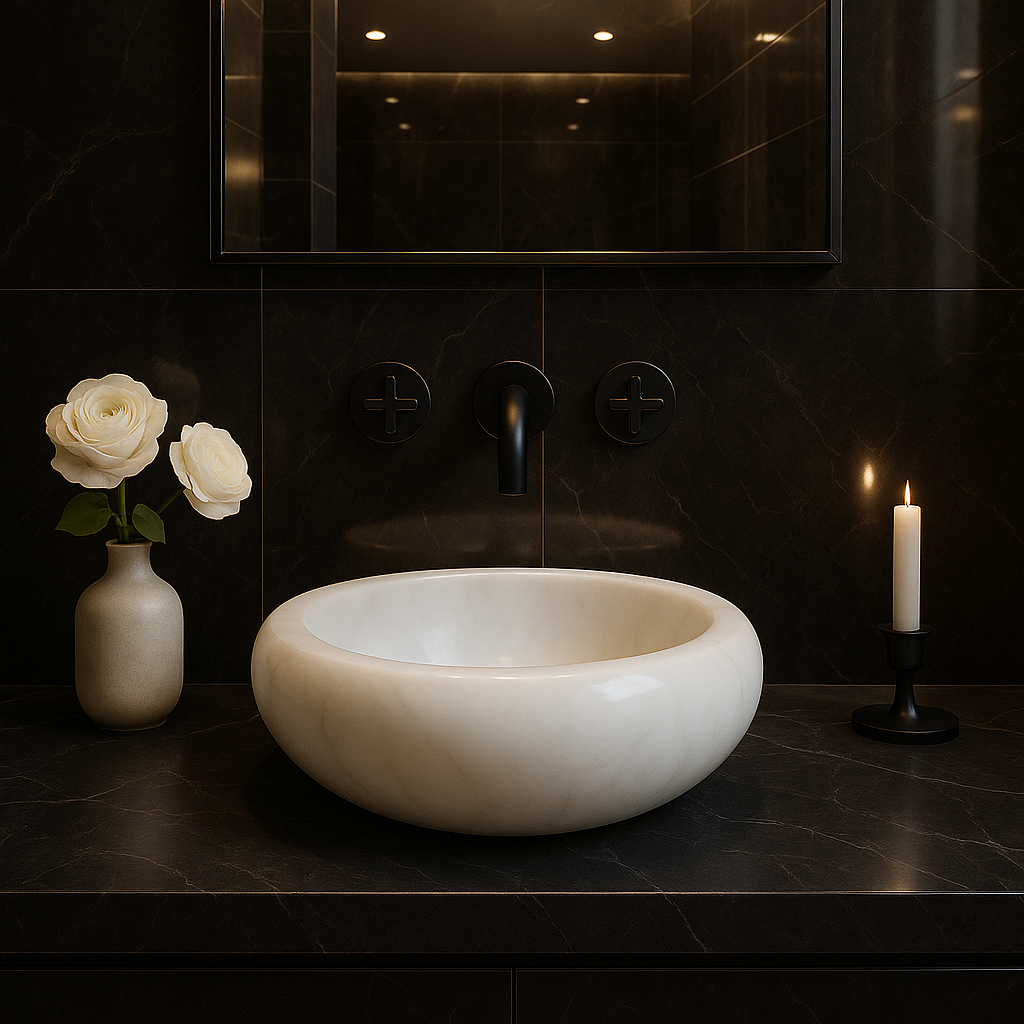 Carrara white marble vessel sink with polished finish in modern minimalist bathroom setting.