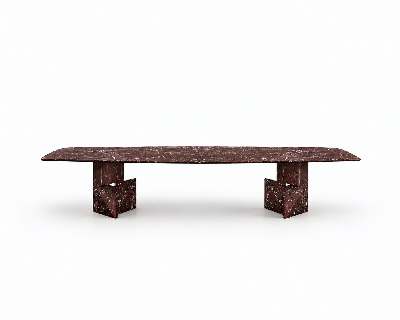 A long rectangular table with a dark reddish-brown marble top and matching sculptural block bases, shown on a clean white background.