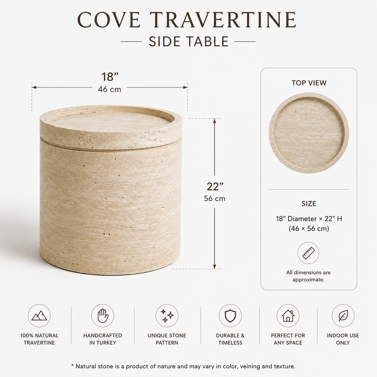 Cove Travertine Side Table side view showcasing its sculptural form and elegant natural stone design.