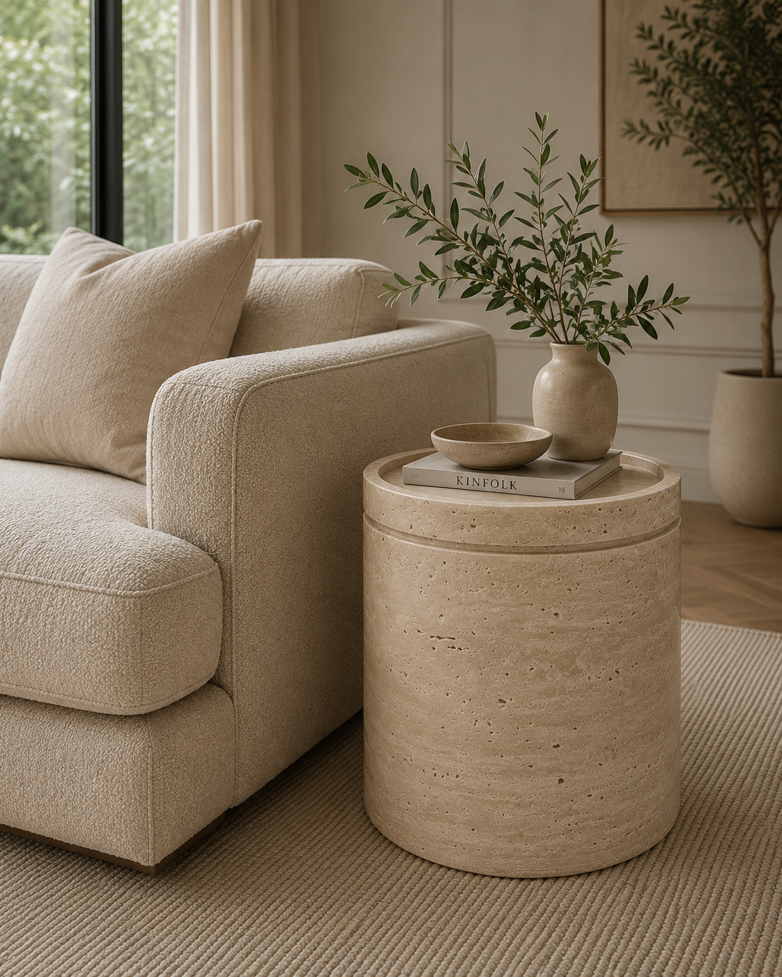 Cove Travertine Side Table styled beside a sofa in a luxury contemporary living room.