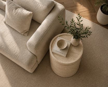 Cove Travertine Side Table top view highlighting the natural texture and unique variations of travertine stone.