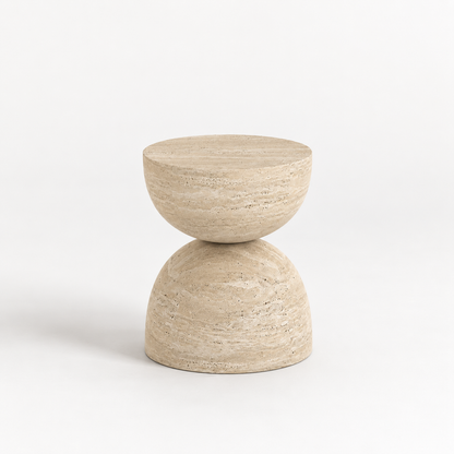 Duo Travertine Side Table handcrafted from natural beige travertine with a sculptural modern design.