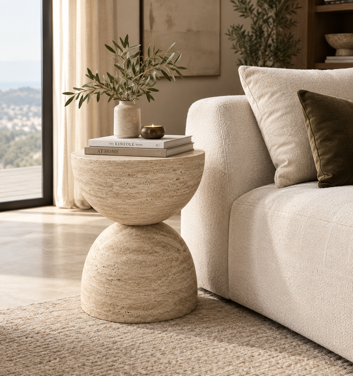 Duo Travertine Side Table top view highlighting the natural travertine texture and unique stone variations.