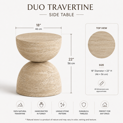 Duo Travertine Side Table side view showcasing its sculptural form and elegant natural stone design.