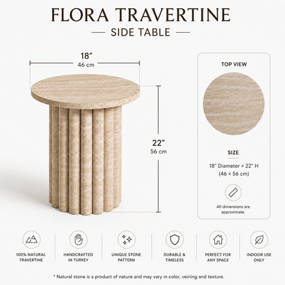 Flora Travertine Side Table side view showcasing its sculptural form and elegant natural stone design.