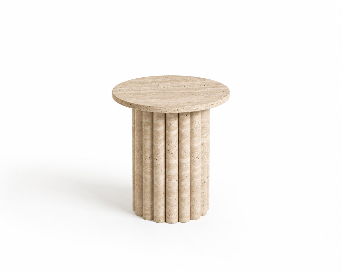 Flora Travertine Side Table handcrafted from natural beige travertine with a sculptural modern design.