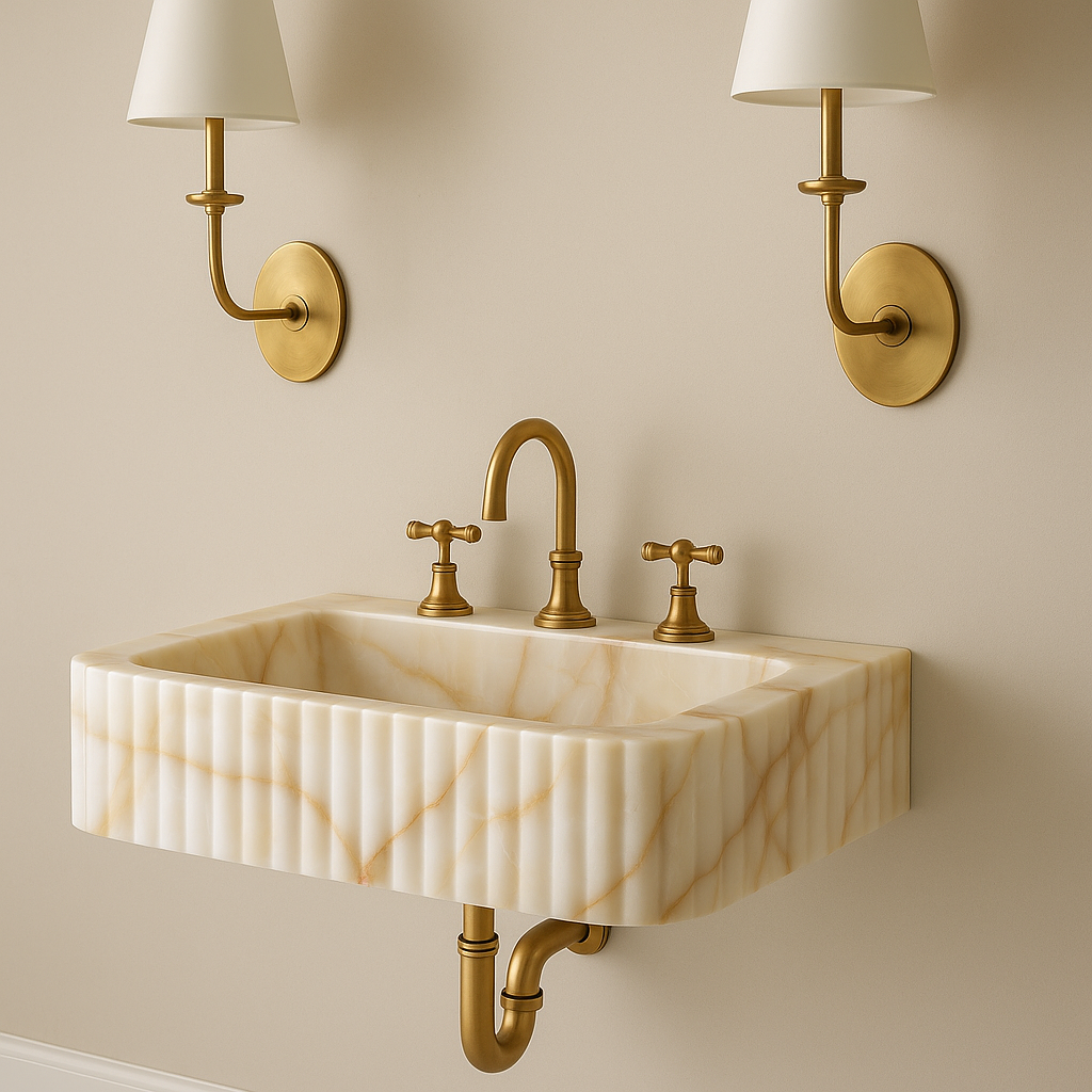 Calacatta Gold Wall-Mount Sink in natural marble — natural stone bathroom sink, free shipping within the USA