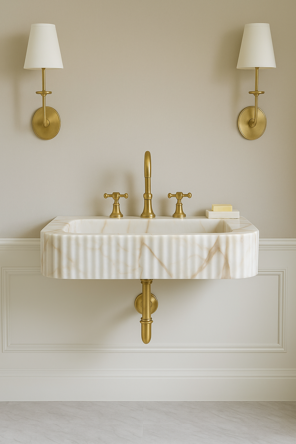 Calacatta Gold Wall-Mount Sink in natural marble — polished stone basin with natural veining, handmade in Turkey