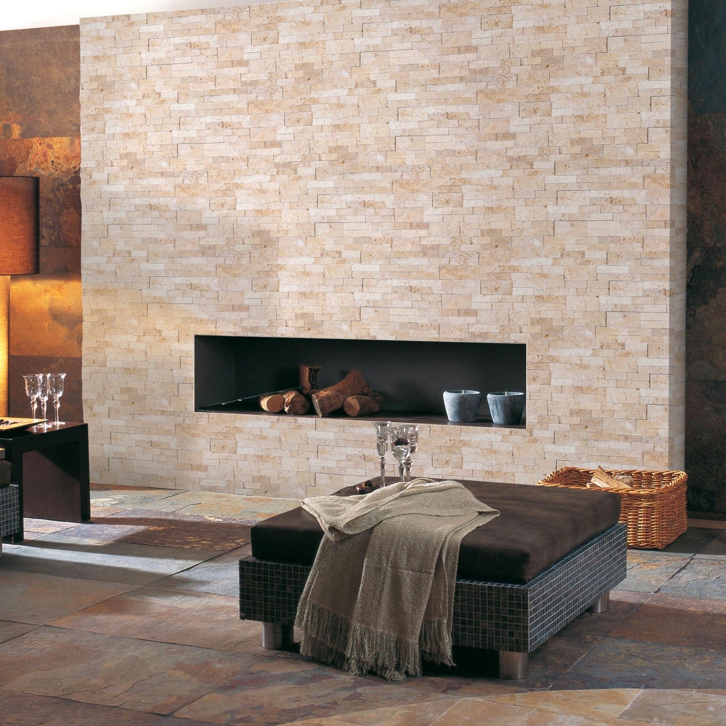 Elegant travertine tiles showcasing natural stone texture, perfect for sophisticated flooring and wall designs.
