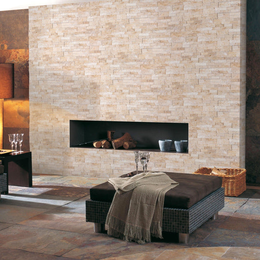 Elegant travertine tiles showcasing natural stone texture, perfect for sophisticated flooring and wall designs.