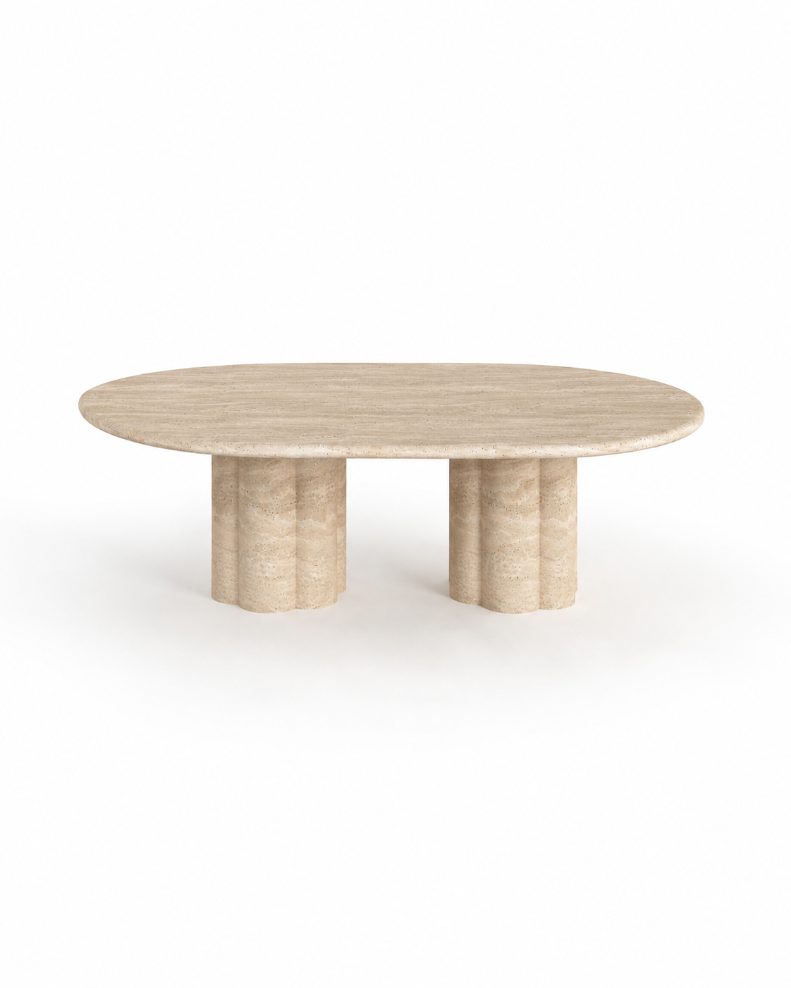 Luna Travertine Coffee Table handcrafted from natural beige travertine with a sculptural modern design.