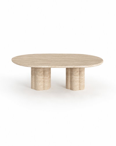 Luna Travertine Coffee Table handcrafted from natural beige travertine with a sculptural modern design.