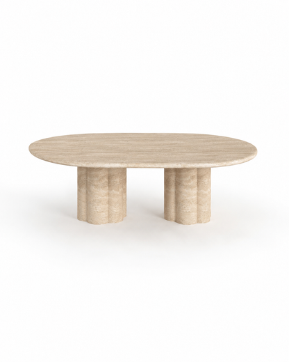 Luna Travertine Coffee Table handcrafted from natural beige travertine with a sculptural modern design.