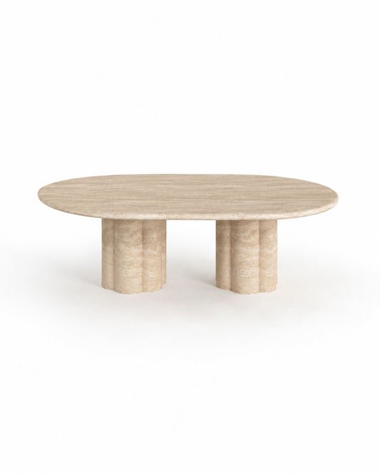 Luna Travertine Coffee Table handcrafted from natural beige travertine with a sculptural modern design.