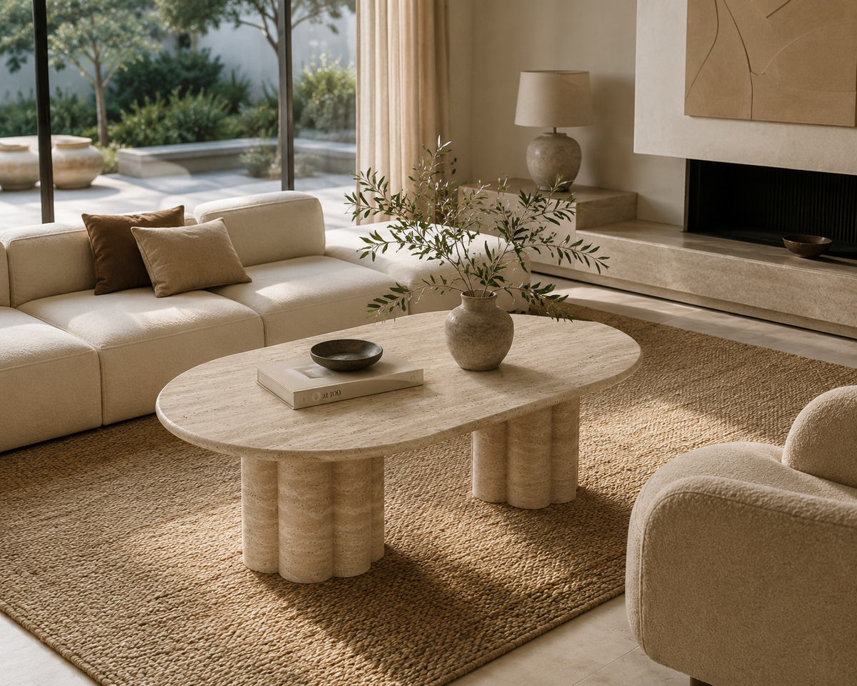 Luna Travertine Coffee Table in natural beige travertine shown in a luxury modern living room.