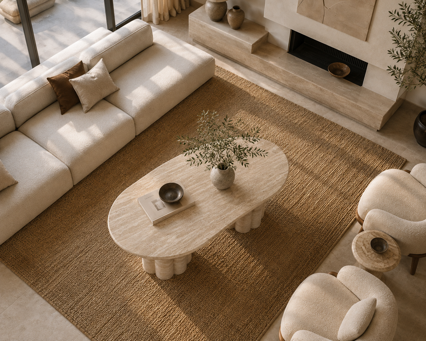 Luna Travertine Coffee Table top view highlighting the natural stone texture and sculptural design.