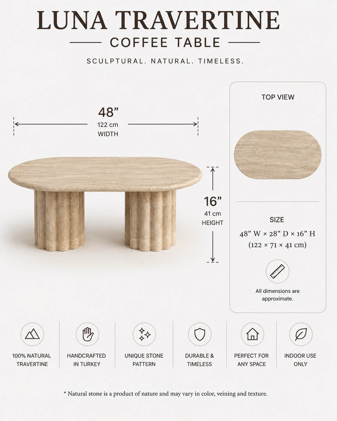 Luna Travertine Coffee Table side view showcasing its sculptural form and natural beige travertine texture