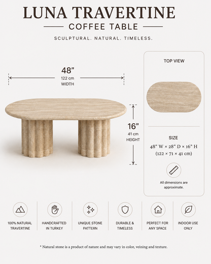 Luna Travertine Coffee Table side view showcasing its sculptural form and natural beige travertine texture