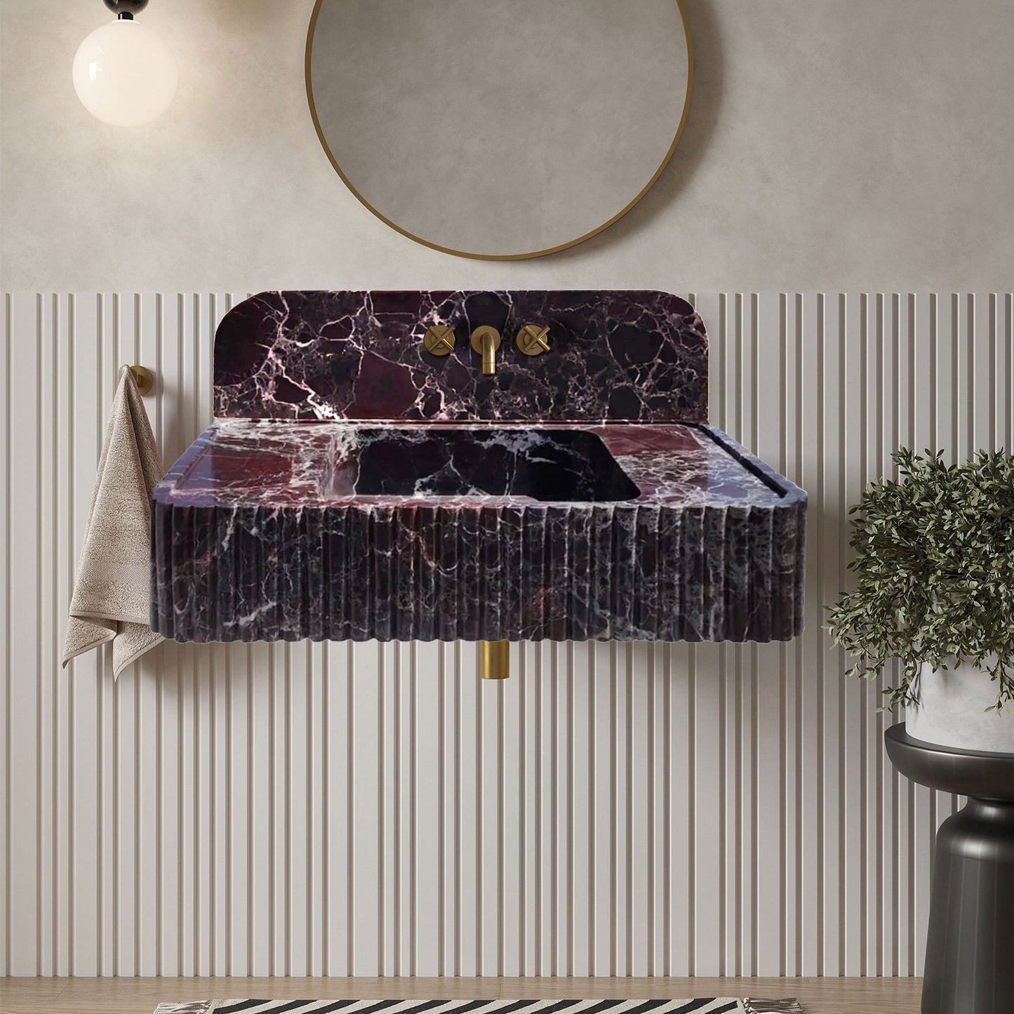Rosso Levanto marble wall-mount feature showcasing elegant interior design and natural stone textures