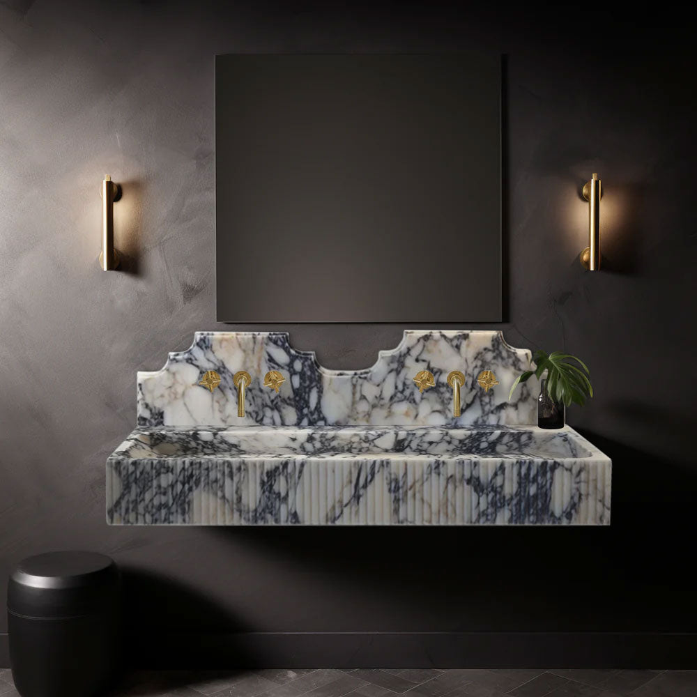 Elegant Calacatta Viola wall-mount sink featuring luxurious marble design for modern bathroom aesthetics