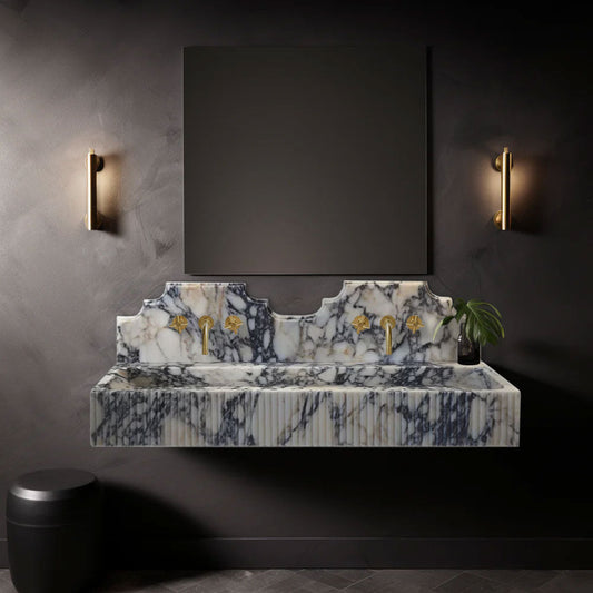 Elegant Calacatta Viola wall-mount sink featuring luxurious marble design for modern bathroom aesthetics