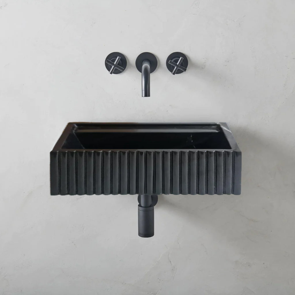 Toros Black Marble Rectangular Wall-mount Bathroom Sink Fluted (W)16" (L)24" (H)7".