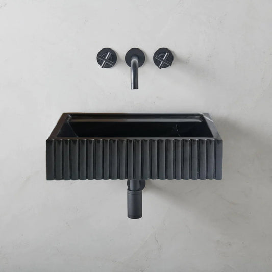 Toros Black Marble Rectangular Wall-mount Bathroom Sink Fluted (W)16" (L)24" (H)7".