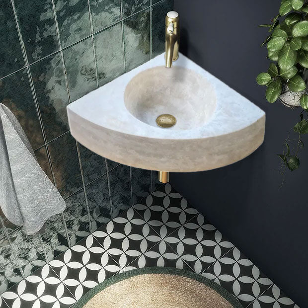 Troia Light Travertine Wall-mount Bathroom Corner Vanity Sink (W)16" (L)16" (H)4".