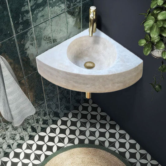 Troia Light Travertine Wall-mount Bathroom Corner Vanity Sink (W)16" (L)16" (H)4".
