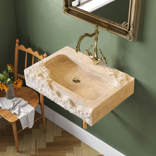 Beige Travertine Rectangular Wall-mount Bathroom Sink Rustic (W)16" (L)24" (H)5".
