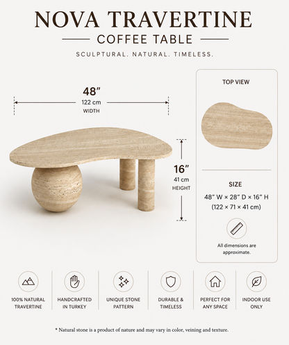 Nova Travertine Coffee Table side view showcasing its sculptural base and contemporary natural stone design.