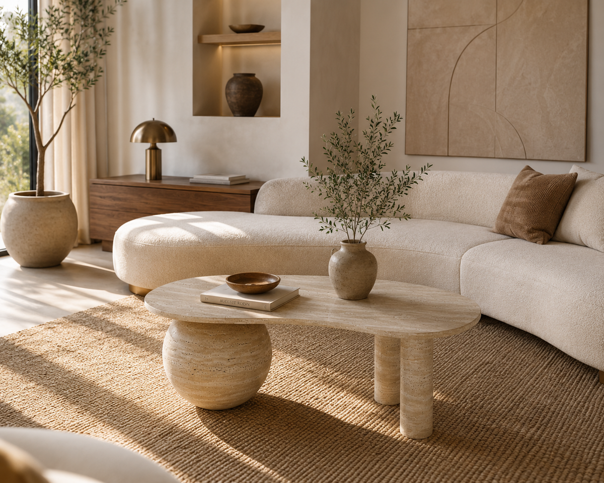 Nova Travertine Coffee Table shown in a luxury modern living room with natural stone details.