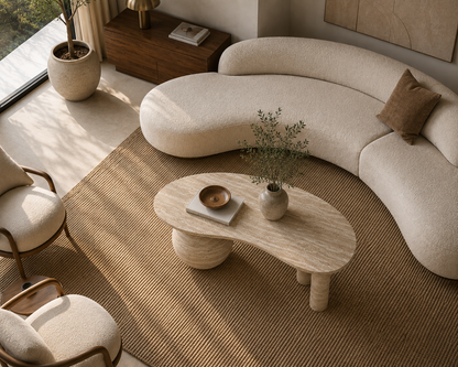 Nova Travertine Coffee Table top view highlighting the unique texture and veining of natural travertine.