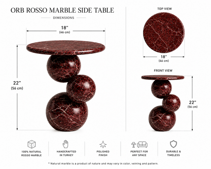 Orb Rosso Marble End Table side view showcasing its rounded sculptural form and elegant natural stone craftsmanship.