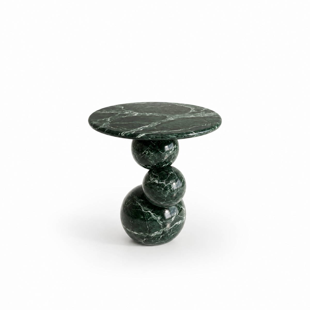 Orb Verde Marble End Table handcrafted from natural green marble with a sculptural round design.