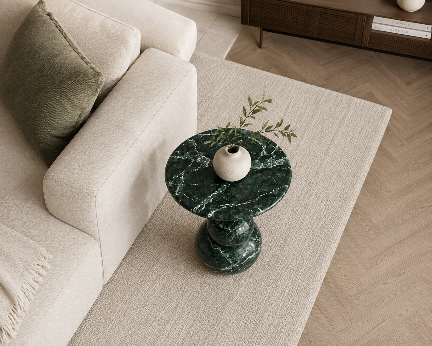 Orb Verde Marble End Table top view highlighting the rich green marble tones and unique natural veining.