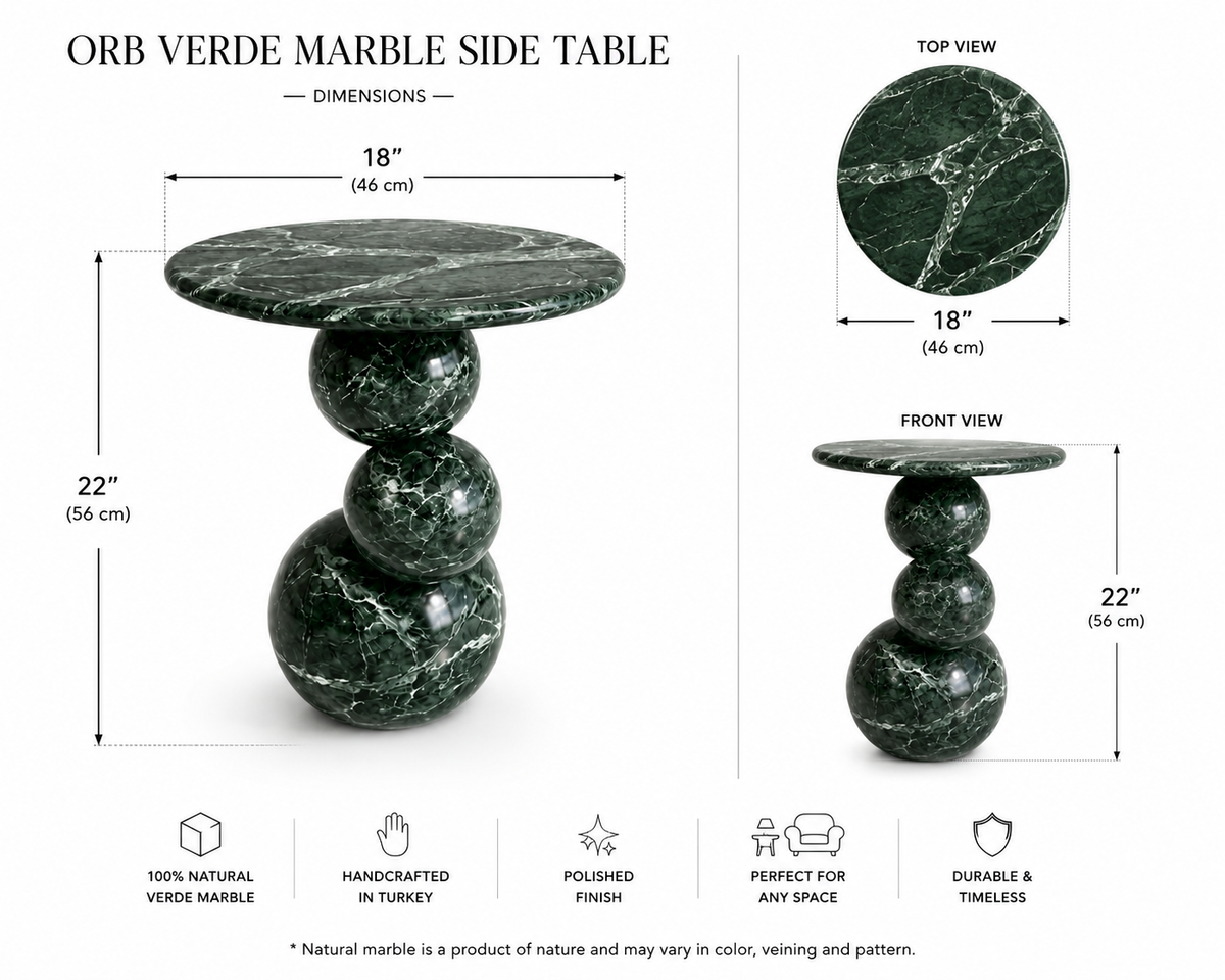 Orb Verde Marble End Table side view showcasing its rounded sculptural form and elegant natural stone craftsmanship.