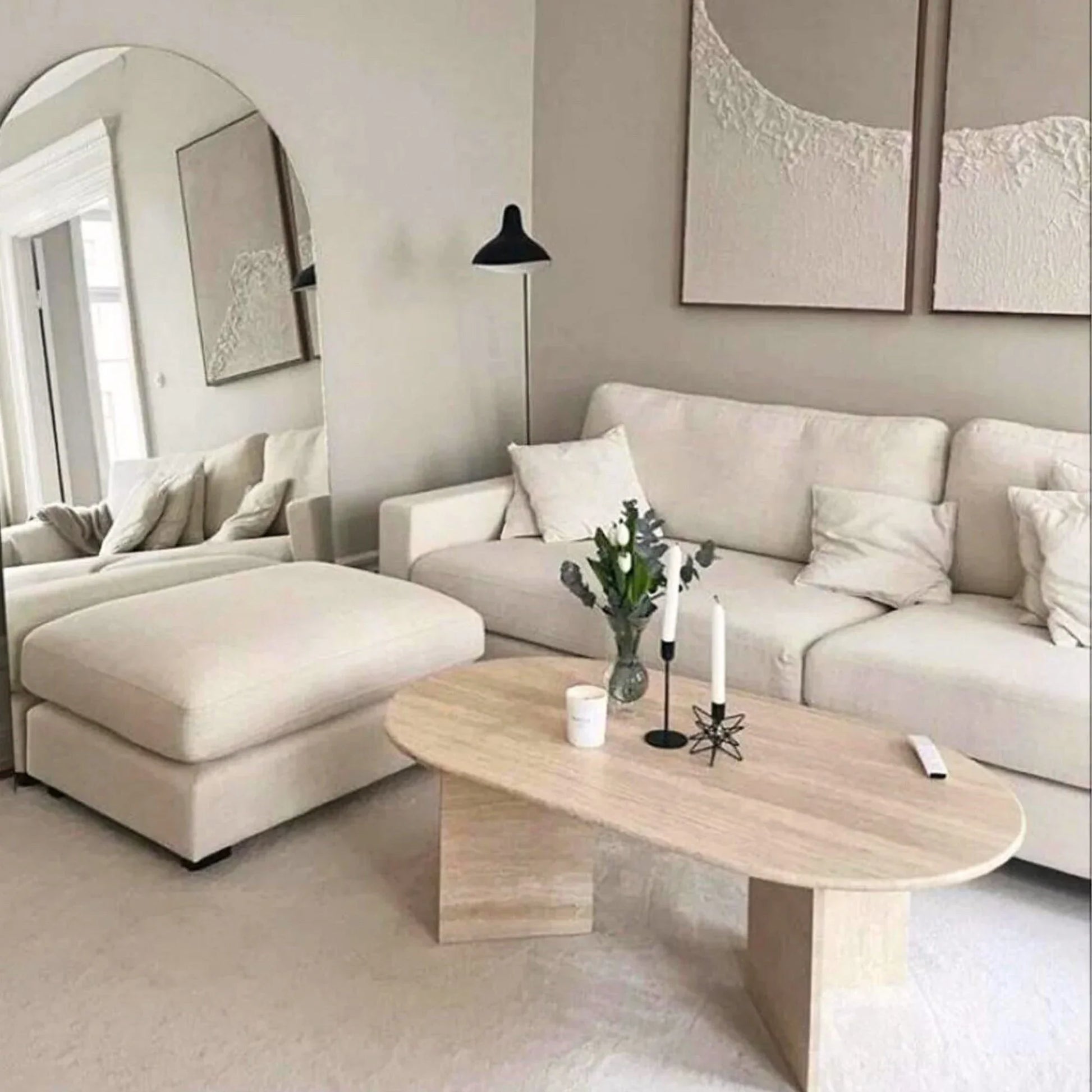 Elegant travertine coffee table showcasing natural stone texture ideal for sophisticated living room decor