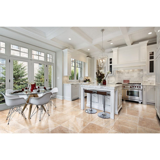 Elegant travertine tile flooring showcasing natural stone beauty and sophisticated design for upscale interiors.
