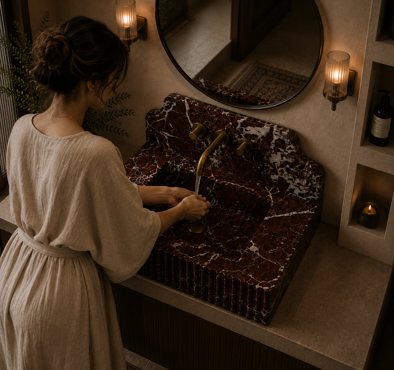Red Lavante Rosso Marble Vessel Sink — hand-carved natural stone basin for a bathroom vanity or powder room