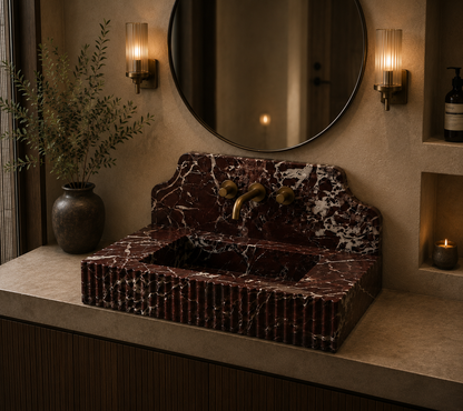 Red Lavante Rosso Marble Vessel Sink — polished stone basin with natural veining, handmade in Turkey