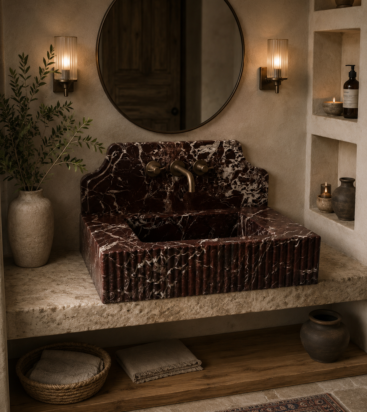 Red Lavante Rosso Marble Vessel Sink — natural stone washbasin for a modern or transitional bathroom