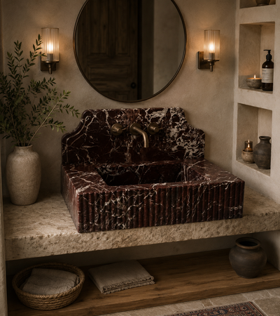Red Lavante Rosso Marble Vessel Sink — natural stone washbasin for a modern or transitional bathroom