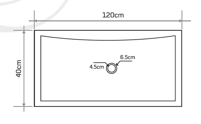 Dimensions diagram of the Seagrass Fossil Marble Sink, showcasing measurements: 120cm x 40cm with drain hole details.