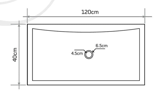 Dimensions diagram of the Seagrass Fossil Marble Sink, showcasing measurements: 120cm x 40cm with drain hole details.